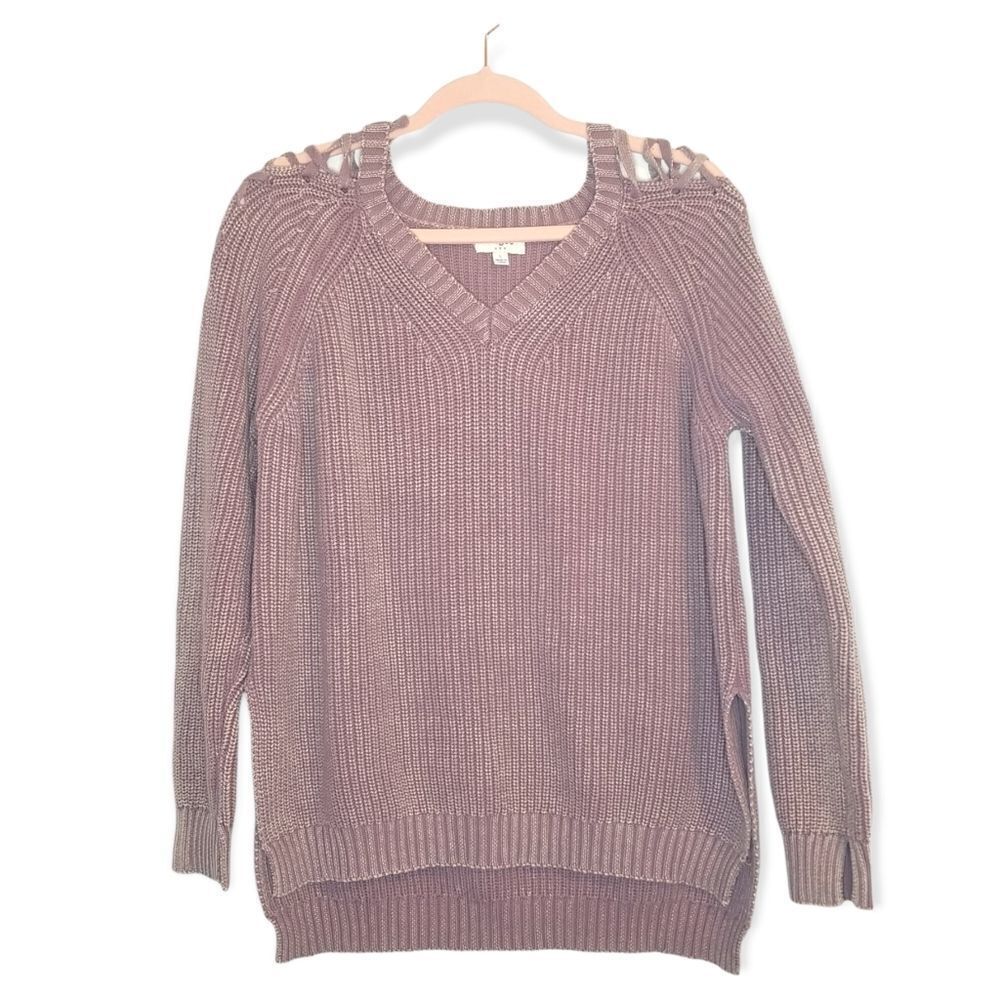 Umgee Dusty Lavender Lace Cold Shoulder Long Sleeve V-Neck Sweater